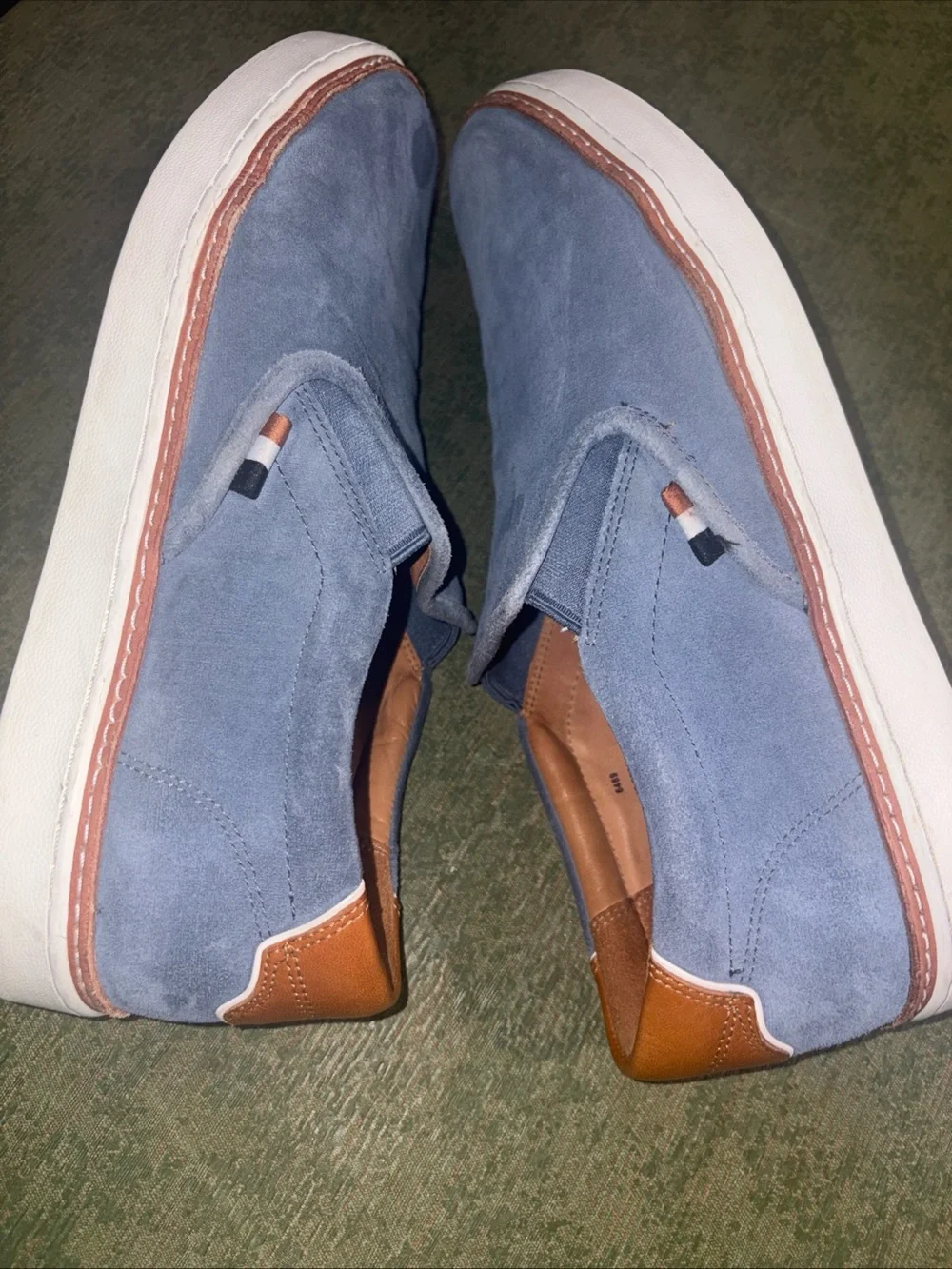 Allen Edmonds Light Blue Suede Slip-On Loafers with Tan Leather Trim